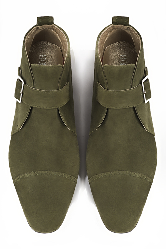 Women's khaki green elegant ankle boots, with buckles at the front. Round toe. Low block heels - Top view
